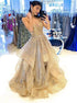 Gold Sequins V Neck Ruffles Prom Dress LBQ4222